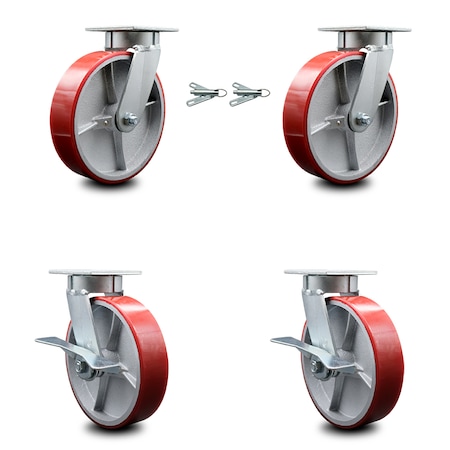 Service Caster 8 Inch Kingpinless Red Poly on Steel Wheel Caster Swivel Locks 2 Brakes, 2PK SCC-KP30S820-PUR-RS-BSL-2-SLB-2